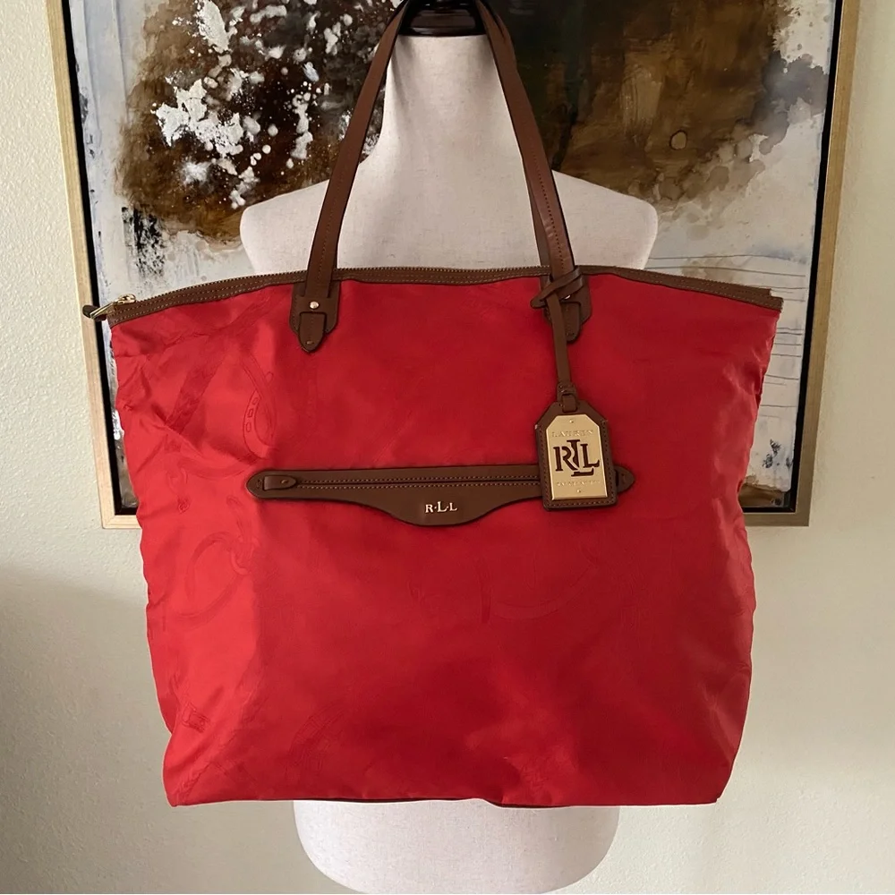 Vintage Polo Ralph Lauren red embossed horseshoes RLL tote hand bag GC~ - Picture 1 of 17